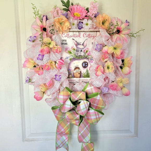 Easter Cottontail Inn Sign Bunny in a Teapot Deco Mesh Bow Floral Rabbit - Picture 2 of 8